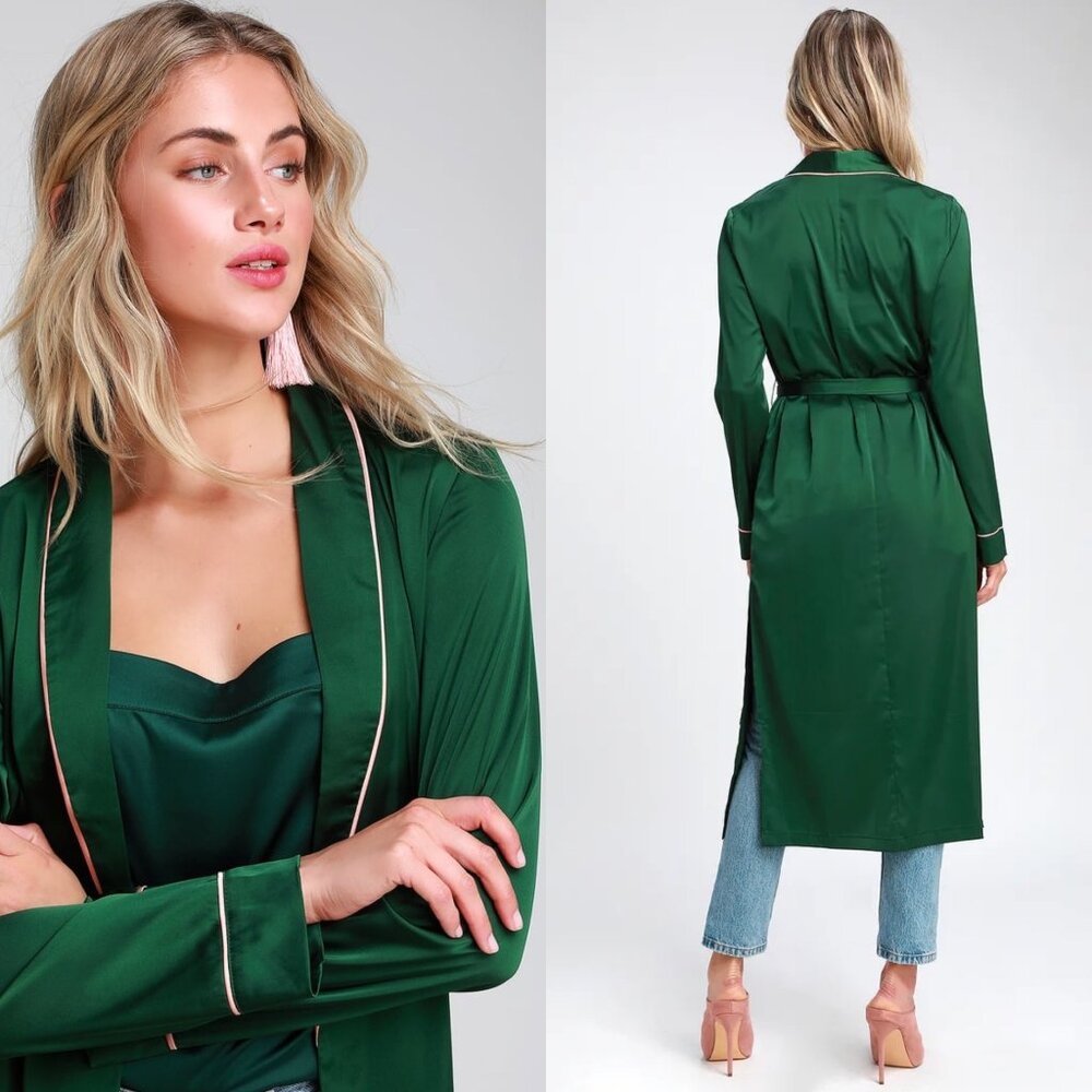 Lulus Forest Green Satin Robe - Picture 2 of 3